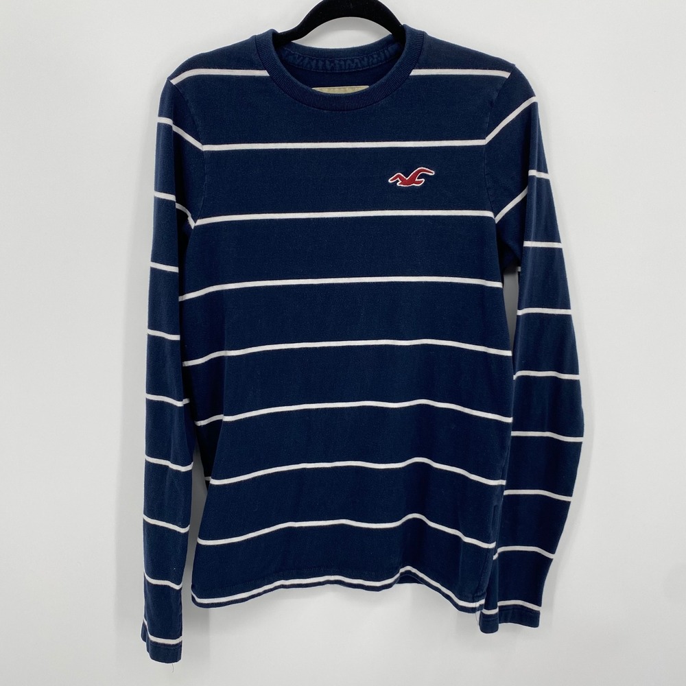 Hollister Striped Long Sleeve Shirt Mens Large Navy Blue Preppy Surf Coastal